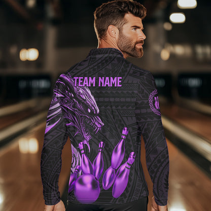 Black and Purple Dragon Tribal Bowling Polo, 1/4 Zip Shirts For Men Custom Retro Bowling Team Jerseys NQS9630