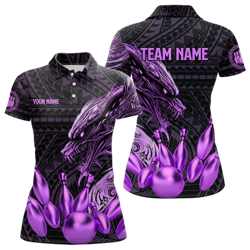 Black and Purple Dragon Tribal Bowling Polo, 1/4 Zip Shirts For Women Custom Retro Bowling Team Jersey NQS9630
