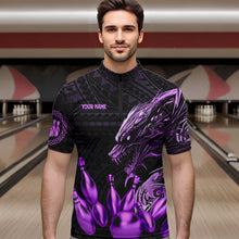 Load image into Gallery viewer, Black and Purple Dragon Tribal Bowling Polo, 1/4 Zip Shirts For Men Custom Retro Bowling Team Jerseys NQS9630