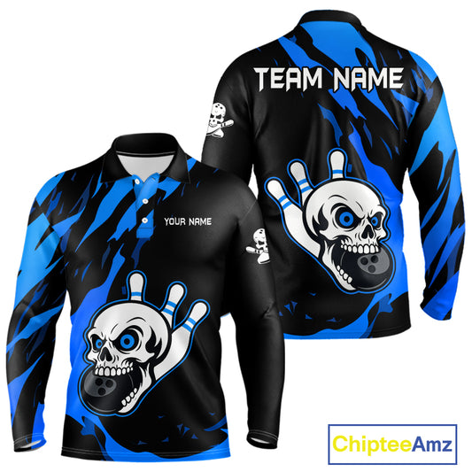 Black and Blue Skull Bowling Shirts for Men Custom Team bowling jersey, gift for bowlers NQS11708