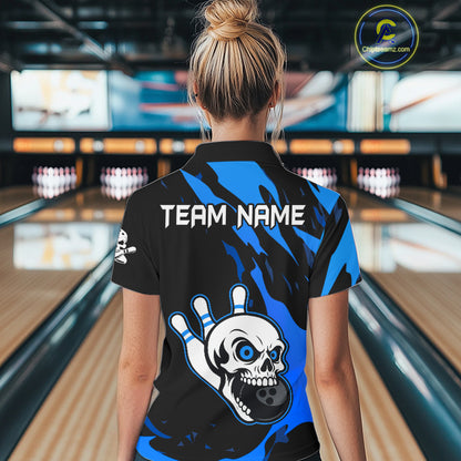 Black and Blue Skull Bowling Shirts for Women Custom Team bowling jersey, gift for bowlers NQS11708