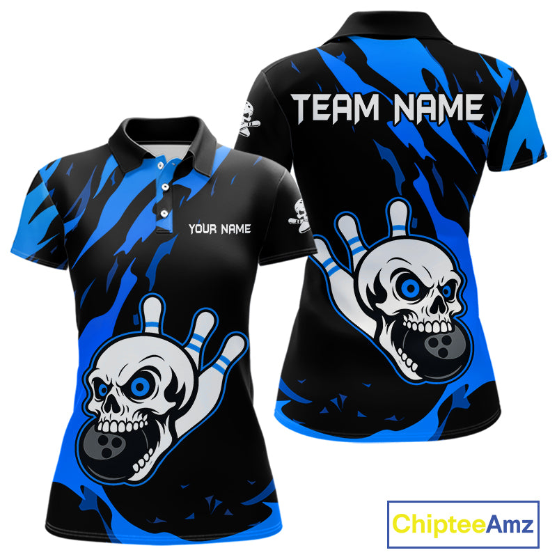 Black and Blue Skull Bowling Shirts for Women Custom Team bowling jersey, gift for bowlers NQS11708