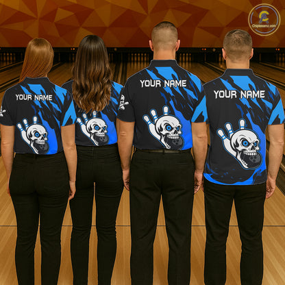 Black and Blue Skull Bowling Shirts for Women Custom Team bowling jersey, gift for bowlers NQS11708
