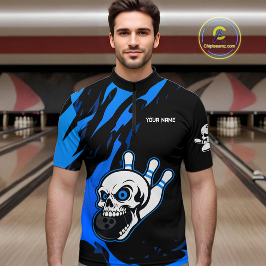 Black and Blue Skull Bowling Shirts for Men Custom Team bowling jersey, gift for bowlers NQS11708
