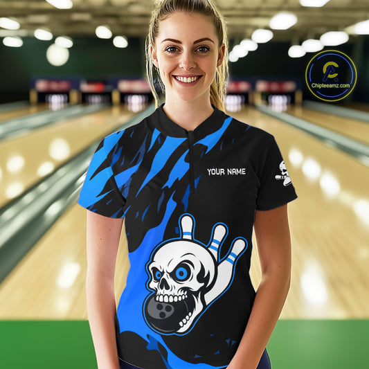 Black and Blue Skull Bowling Shirts for Women Custom Team bowling jersey, gift for bowlers NQS11708