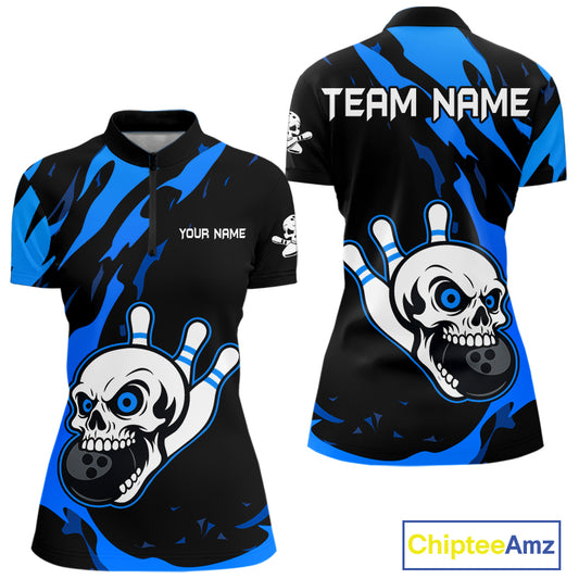 Black and Blue Skull Bowling Shirts for Women Custom Team bowling jersey, gift for bowlers NQS11708