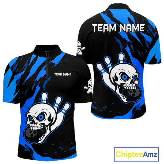 Black and Blue Skull Bowling Shirts for Men Custom Team bowling jersey, gift for bowlers NQS11708