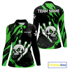 Load image into Gallery viewer, Black and Green Skull Bowling Shirts for Women Custom Team bowling jersey, gift for bowlers NQS11709