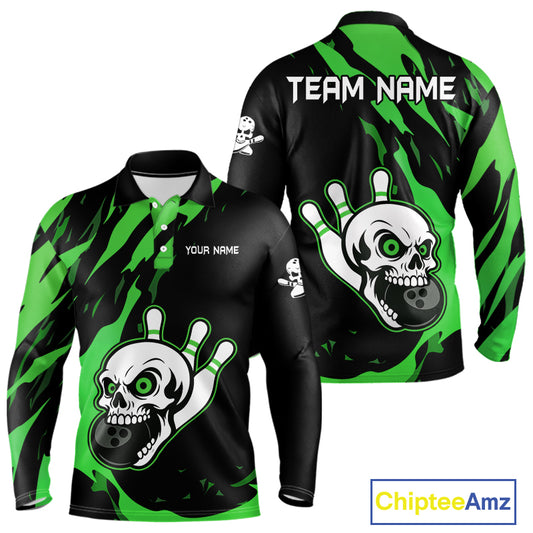 Black and Green Skull Bowling Shirts for Men Custom Team bowling jersey, gift for bowlers NQS11709