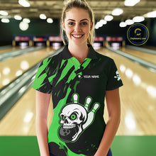 Load image into Gallery viewer, Black and Green Skull Bowling Shirts for Women Custom Team bowling jersey, gift for bowlers NQS11709