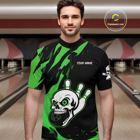 Black and Green Skull Bowling Shirts for Men Custom Team bowling jersey, gift for bowlers NQS11709