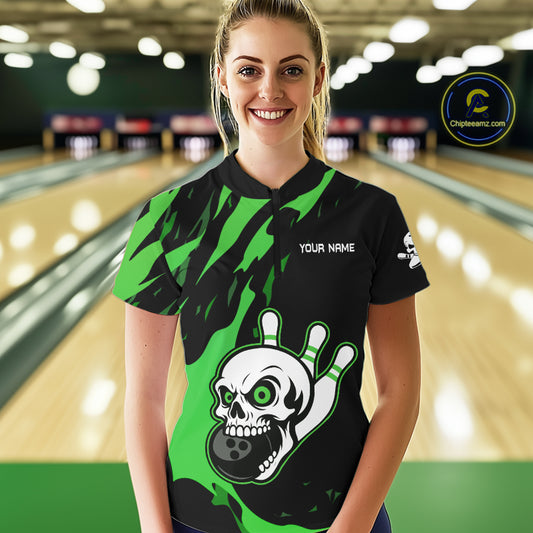 Black and Green Skull Bowling Shirts for Women Custom Team bowling jersey, gift for bowlers NQS11709