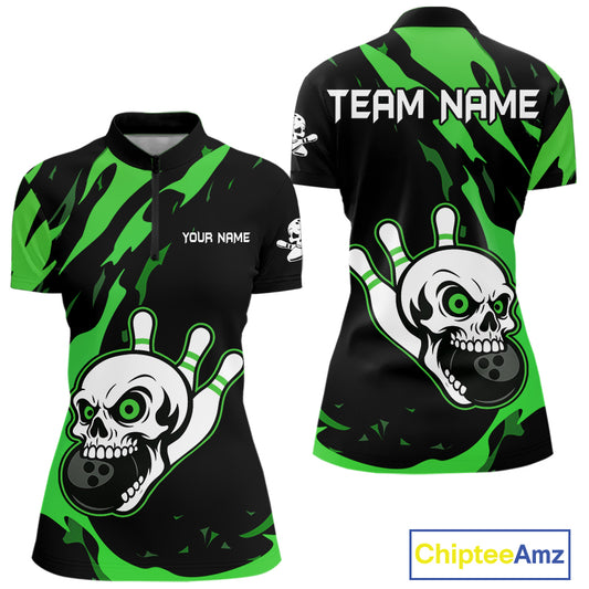 Black and Green Skull Bowling Shirts for Women Custom Team bowling jersey, gift for bowlers NQS11709