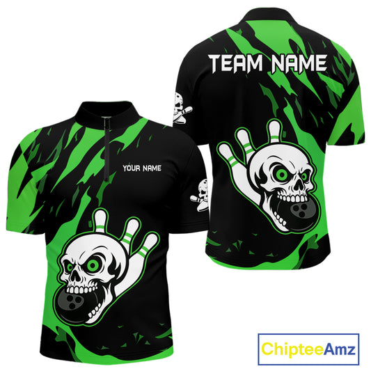 Black and Green Skull Bowling Shirts for Men Custom Team bowling jersey, gift for bowlers NQS11709