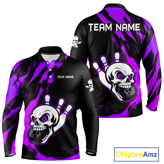 Black and Purple Skull Bowling Shirts for Men Custom Team bowling jersey, gift for bowlers NQS11710