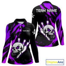 Load image into Gallery viewer, Black and Purple Skull Bowling Shirts for Women Custom Team bowling jersey, gift for bowlers NQS11710