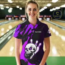 Load image into Gallery viewer, Black and Purple Skull Bowling Shirts for Women Custom Team bowling jersey, gift for bowlers NQS11710