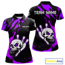 Load image into Gallery viewer, Black and Purple Skull Bowling Shirts for Women Custom Team bowling jersey, gift for bowlers NQS11710
