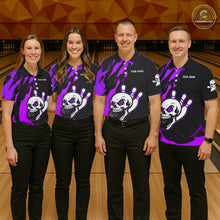 Load image into Gallery viewer, Black and Purple Skull Bowling Shirts for Women Custom Team bowling jersey, gift for bowlers NQS11710