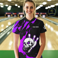 Load image into Gallery viewer, Black and Purple Skull Bowling Shirts for Women Custom Team bowling jersey, gift for bowlers NQS11710