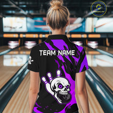 Load image into Gallery viewer, Black and Purple Skull Bowling Shirts for Women Custom Team bowling jersey, gift for bowlers NQS11710