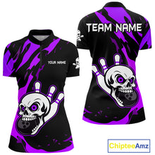 Load image into Gallery viewer, Black and Purple Skull Bowling Shirts for Women Custom Team bowling jersey, gift for bowlers NQS11710