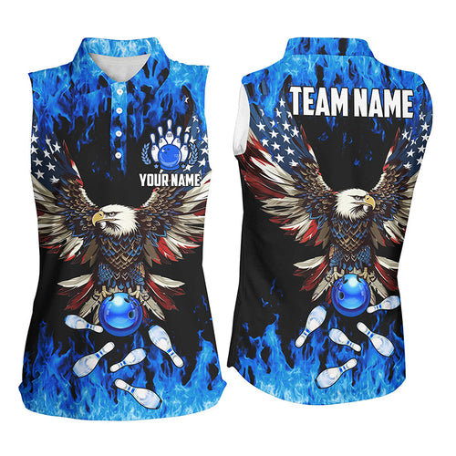 Blue flame Women sleeveless polo shirts Custom American flag Eagle Team bowling shirt, gift for bowler NQS7403