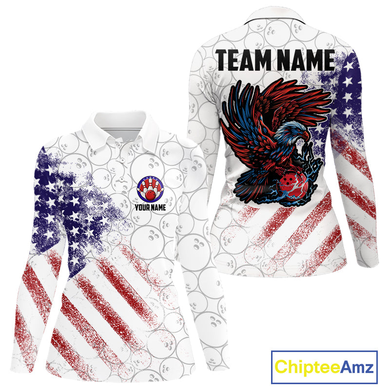 Retro American Flag white camo Eagle Bowling Shirt for Women Custom Patriotic Bowling Team Jersey NQS9819