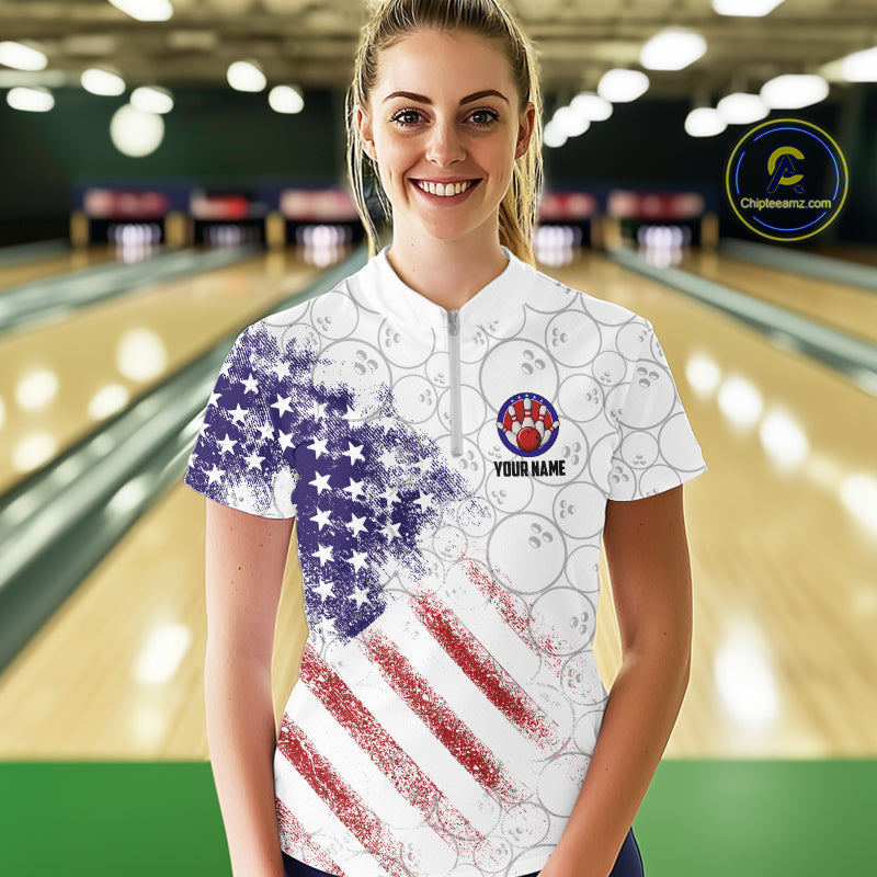 Retro American Flag white camo Eagle Bowling Shirt for Women Custom Patriotic Bowling Team Jersey NQS9819