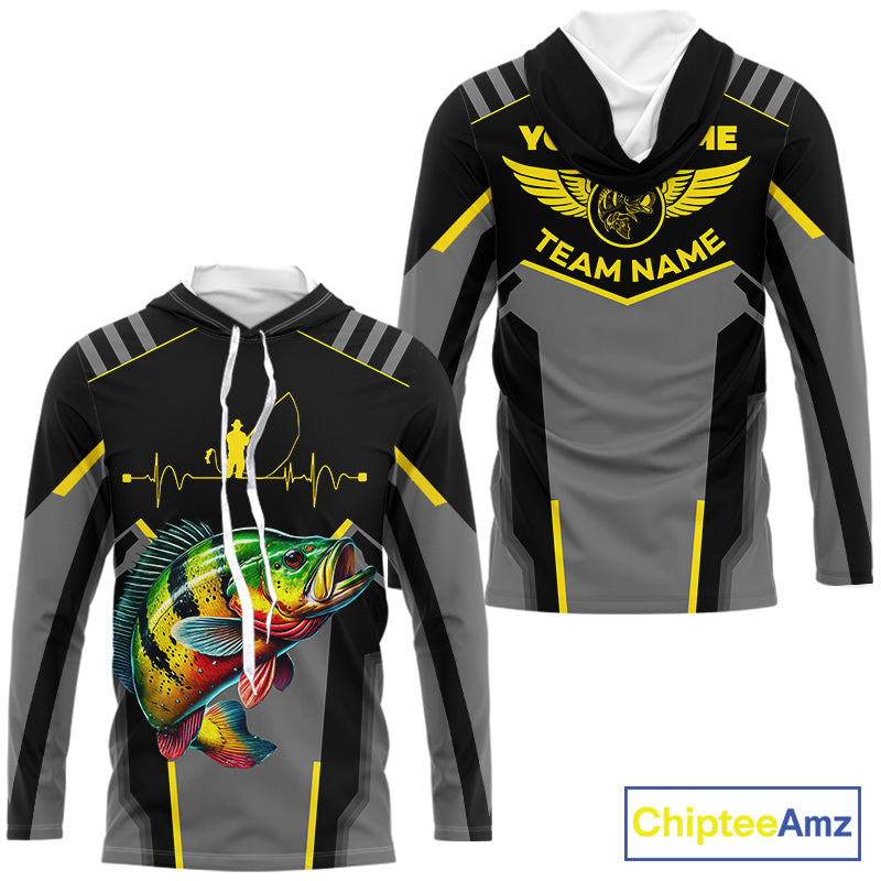 Personalized Black Peacock Bass Fishing jersey, Team Bass Fishing Long Sleeve tournament shirt| Yellow NQS9823