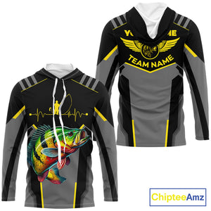 Personalized Black Peacock Bass Fishing jersey, Team Bass Fishing Long Sleeve tournament shirt| Yellow NQS9823