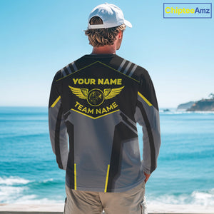 Personalized Black Peacock Bass Fishing jersey, Team Bass Fishing Long Sleeve tournament shirt| Yellow NQS9823