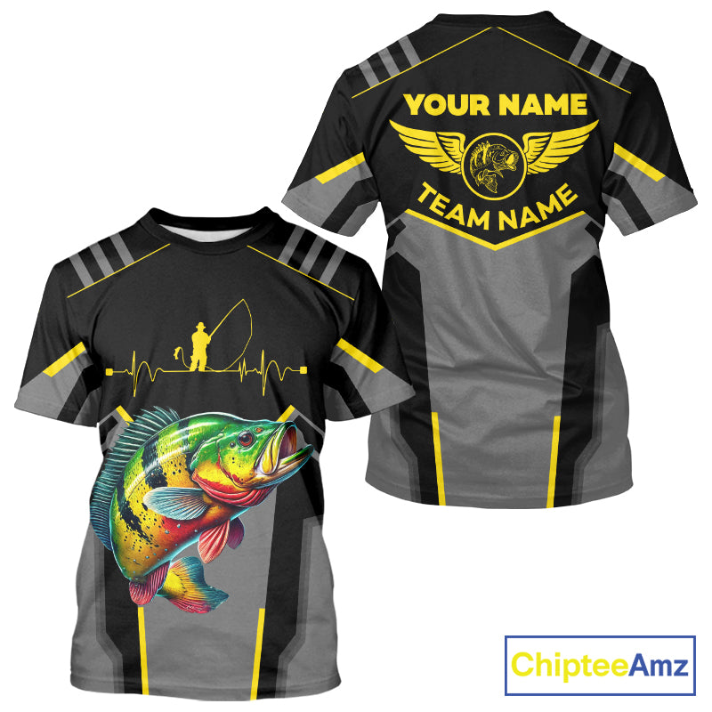 Personalized Black Peacock Bass Fishing jersey, Team Bass Fishing Long Sleeve tournament shirt| Yellow NQS9823