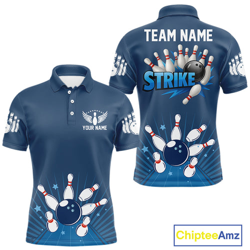 Strike Bowling Polo, Quarter-Zip Shirts For Men Custom Bowling Team Jerseys Bowlers Outfit | Blue NQS9926