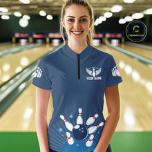 Load image into Gallery viewer, Strike Bowling Polo, Quarter-Zip Shirts For Women Custom Bowling Team Jerseys Bowlers Outfit | Blue NQS9926