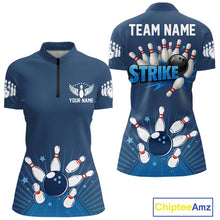 Load image into Gallery viewer, Strike Bowling Polo, Quarter-Zip Shirts For Women Custom Bowling Team Jerseys Bowlers Outfit | Blue NQS9926