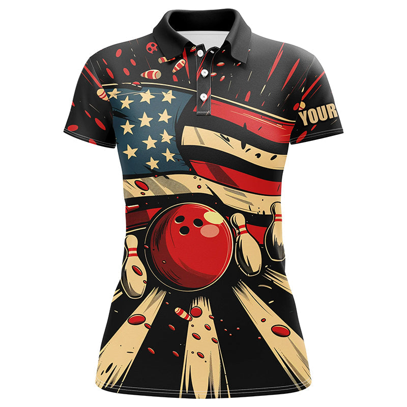 American Flag Retro bowling Women Polo, Quarter Zip shirts, Custom Patriotic Bowling Team Jerseys NQS7731