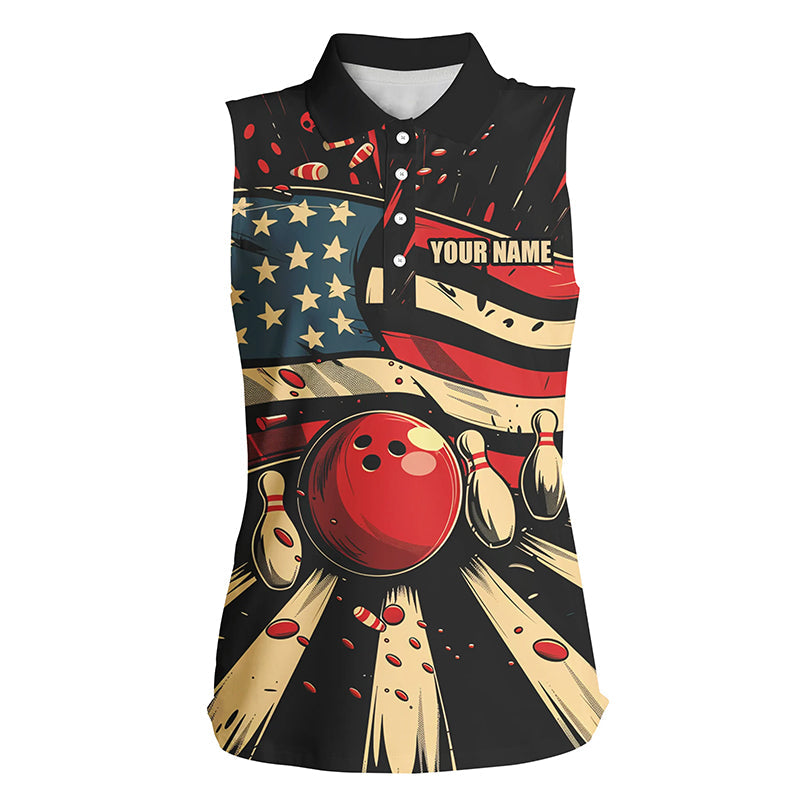 American Flag Retro bowling Women Sleeveless Polo shirts, Custom Patriotic Bowling Team Jerseys NQS7731