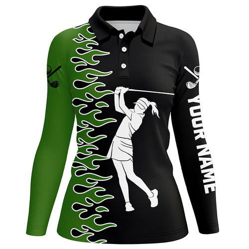 Black and Green Flame custom Women golf polo shirts, ladies golf outfits gifts for golf lovers NQS7732
