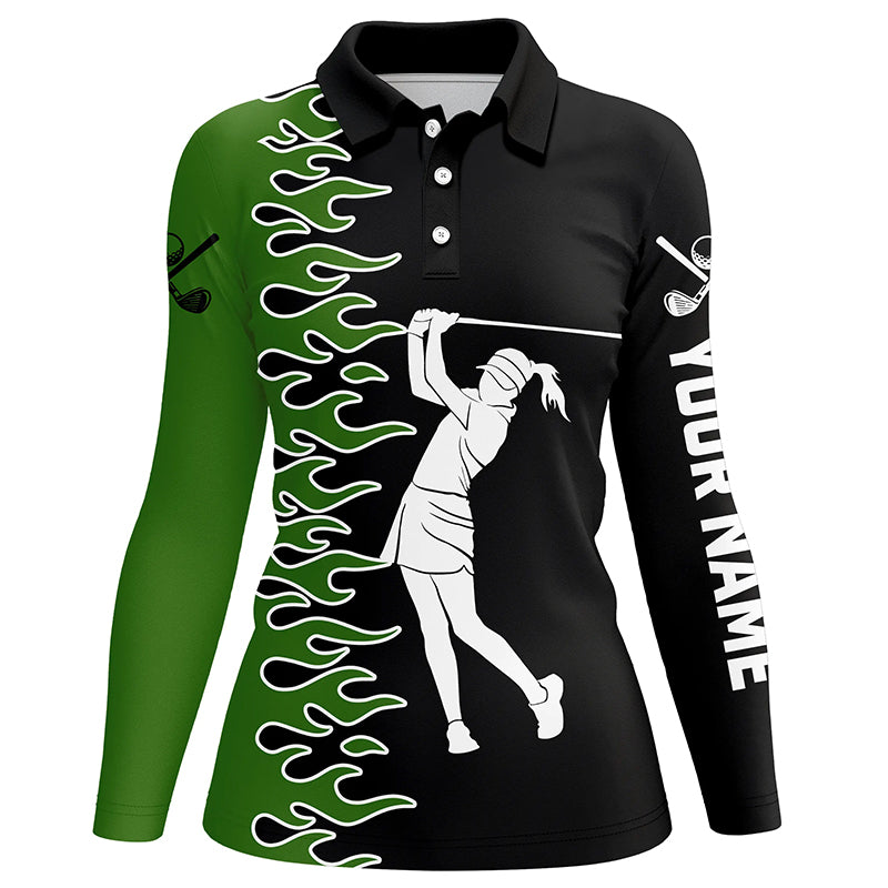 Black and Green Flame custom Women golf polo shirts, ladies golf outfits gifts for golf lovers NQS7732