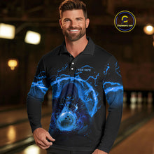 Load image into Gallery viewer, Mens bowling polo, 1/4 zip shirts Custom blue flame skull bowling team jerseys, gift for Bowlers NQS10056