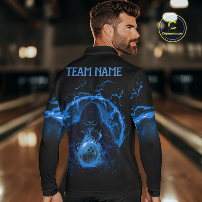 Mens bowling polo, 1/4 zip shirts Custom blue flame skull bowling team jerseys, gift for Bowlers NQS10056