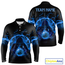Load image into Gallery viewer, Mens bowling polo, 1/4 zip shirts Custom blue flame skull bowling team jerseys, gift for Bowlers NQS10056