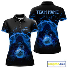 Load image into Gallery viewer, Women bowling polo, 1/4 zip shirts Custom blue flame skull bowling team jerseys, gift for Bowlers NQS10056
