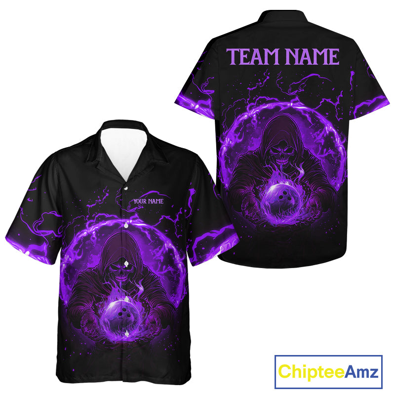 Bowling Hawaiian Shirt Custom purple flame skull bowling team button up shirt, gift for Bowlers NQS10057