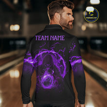 Load image into Gallery viewer, Mens bowling polo, 1/4 zip shirts Custom purple flame skull bowling team jerseys, gift for Bowlers NQS10057