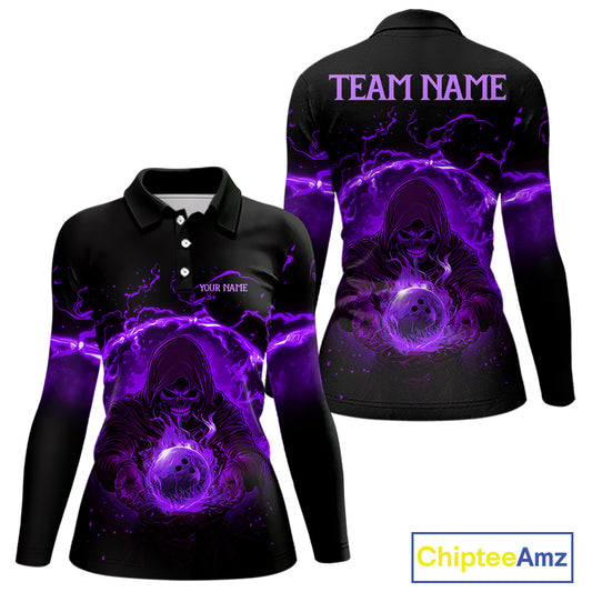 Women bowling polo, 1/4 zip shirts Custom purple flame skull bowling team jerseys, gift for Bowlers NQS10057