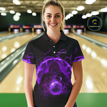 Load image into Gallery viewer, Women bowling polo, 1/4 zip shirts Custom purple flame skull bowling team jerseys, gift for Bowlers NQS10057