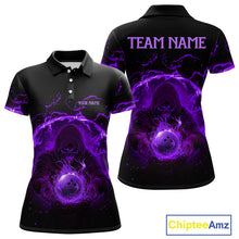 Load image into Gallery viewer, Women bowling polo, 1/4 zip shirts Custom purple flame skull bowling team jerseys, gift for Bowlers NQS10057