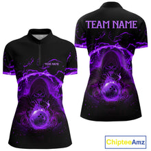 Load image into Gallery viewer, Women bowling polo, 1/4 zip shirts Custom purple flame skull bowling team jerseys, gift for Bowlers NQS10057